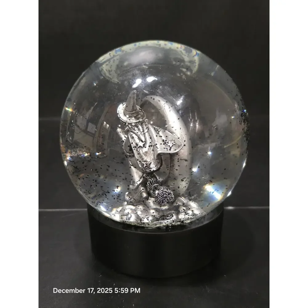 Halloween Witch Snow Globe Silver Gothic Witch on Broom Black Glitter Decor